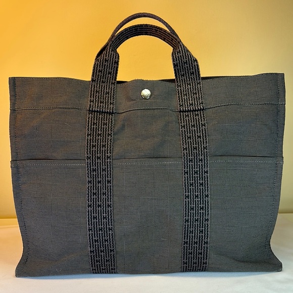Hermes Heavy Canvas Vintage Zip Tote Gray w/H Design on Web straps Holds Laptop - Picture 1 of 14